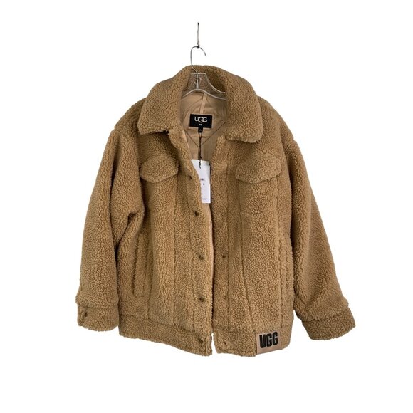 M New UGG Womens Camel Franke Trucker Sherpa Jacket Snap Satin Lined - Picture 3 of 8